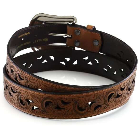 Women's Brown Leather Belt with Scroll Cutouts and Interchangeable Buckle - Picture 3 of 6